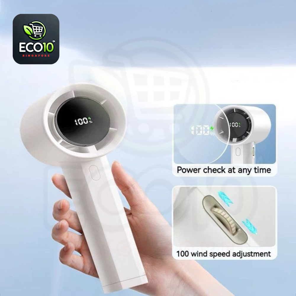 USB Rechargeable Brushless Motor Handheld Fan – Adjustable Speed, Digital Display & Turbo Airflow